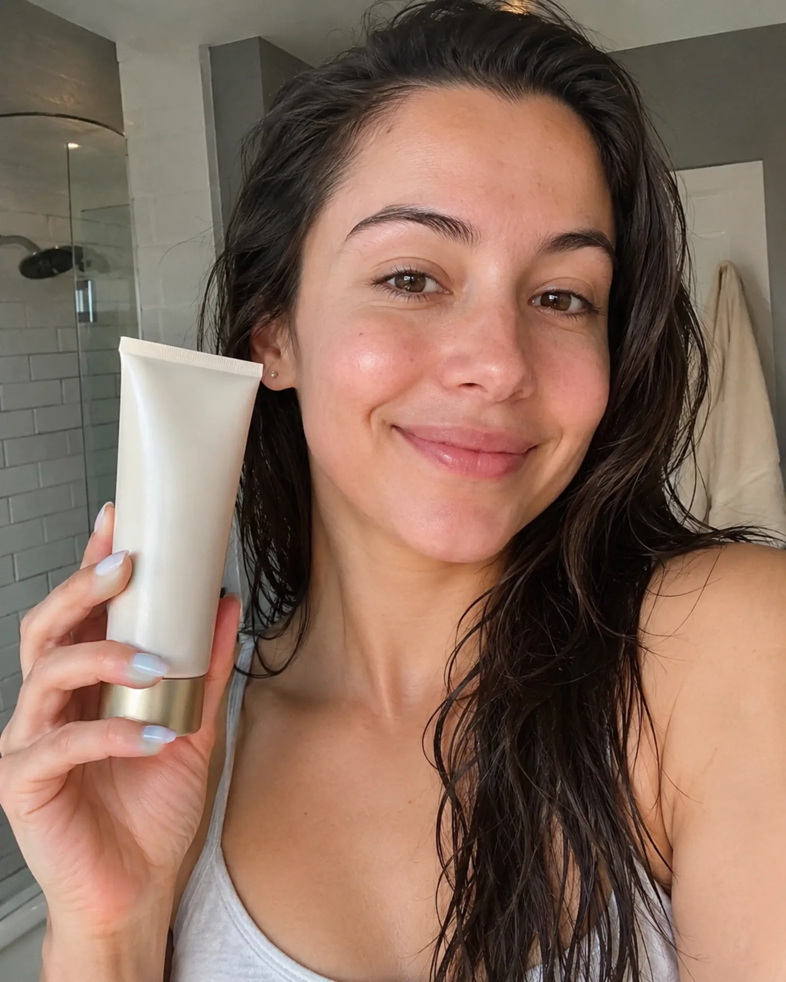 Customer holding a skincare product for a product demo submission